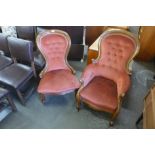 A pair of Victorian lady's and gentleman's mahogany and upholstered spoonback armchairs