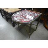 An Italian brass D-shaped occasional table, with embroidered inset top