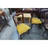 A pair of beech stools and a pair of mahogany chairs