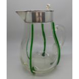 An Art Nouveau silver topped glass jug with green trailing, maker M.W., Sheffield 1901, 19cm, (