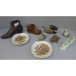 Two Schuco clockwork toys, dog and frog, two plastic toys, three pottery shoes and two dishes