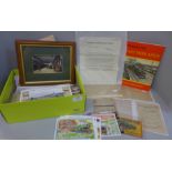 Railway ephemera; a box of railway ephemera with official forms, postcards, re-print photographs