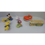 Tin-plate toys including Mickey Mouse, Lehmann, a Japan made dodgem car, etc.