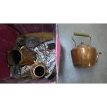 A copper kettle, a copper jug, fire irons, etc. **PLEASE NOTE THIS LOT IS NOT ELIGIBLE FOR POSTING