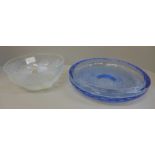 A vaseline opalescent glass bowl and a blue glass bubble dish
