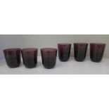 Six aubergine coloured glass tumblers, (3+3)