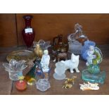 A glass model of a horse, small glass animals, a/f, two glass vases, a Myrna Smith pottery plate,