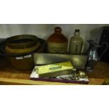 A jam pan, a brass vase, a stoneware flagon, a hot water bottle and flatware etc.**PLEASE NOTE