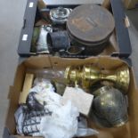 Two boxes of metal ware including a brass oil lamp **PLEASE NOTE THIS LOT IS NOT ELIGIBLE FOR