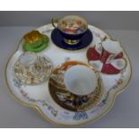 Five cabinet cups and saucers, Coalport, Aynsley, Limoges, etc., and a porcelain tray