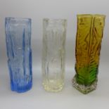 Three glass vases, two bark pattern, 17.5cm