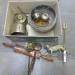 A collection of brass, a wooden carving set, a bell, a tiger, etc. **PLEASE NOTE THIS LOT IS NOT