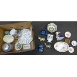 Decorative china and mineral samples and a small Indian School miniature
