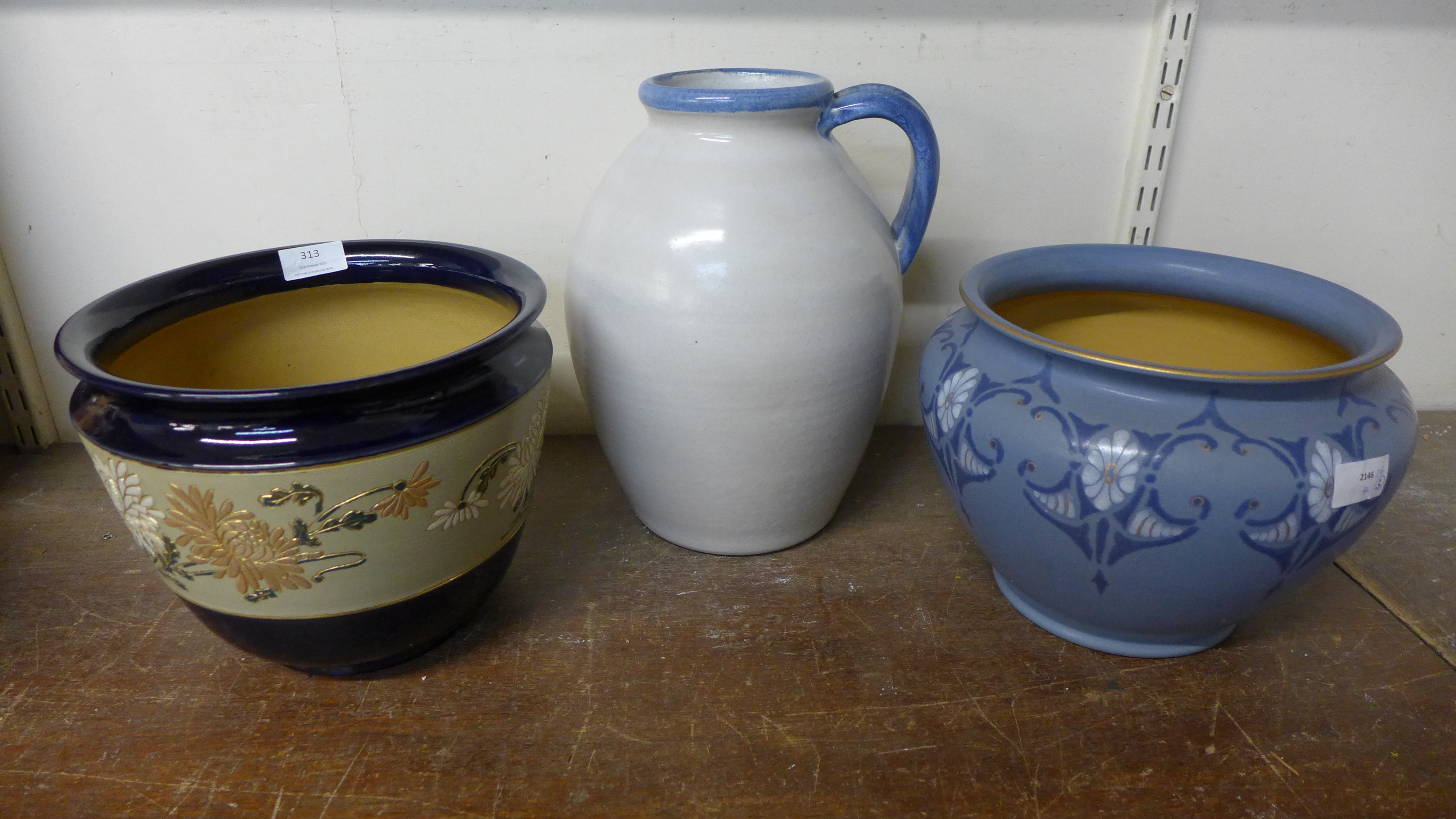 Two Lovatts Langley jardinieres, and a Bourne Denby jug