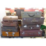 Seven vintage cases and a brown leather bag