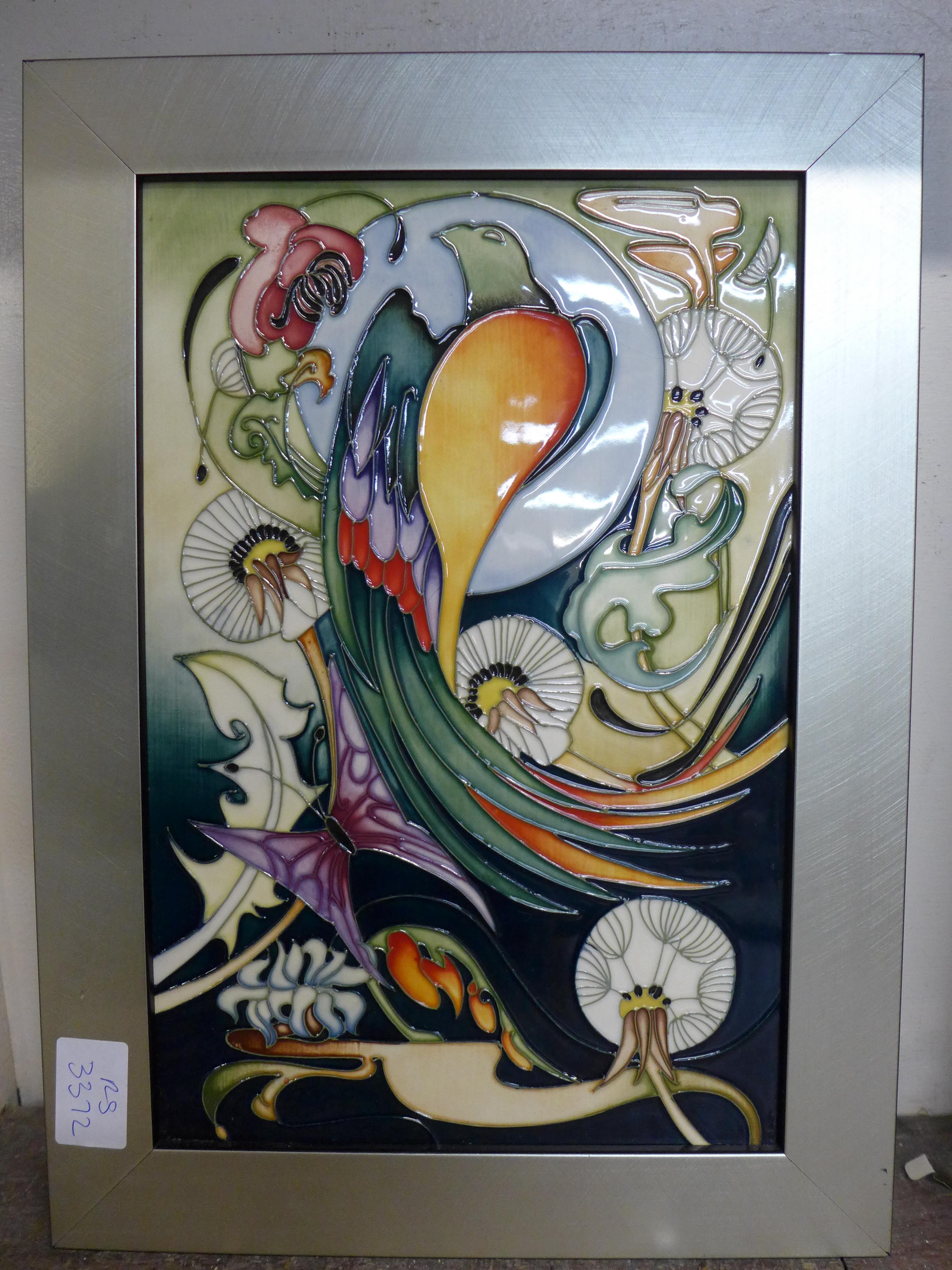 A framed Moorcroft decorative pottery tile designed by Emma Bossons, dated 2007