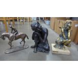 A Loga-Art figure of a woman, a resin figure of a horse and jockey, a figure of Buddha and a metal