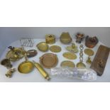 A collection of metalware including brass and a wooden cribbage board