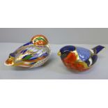 Two Royal Crown Derby paperweights, Bullfinch and Teal, both with gold stoppers, boxed