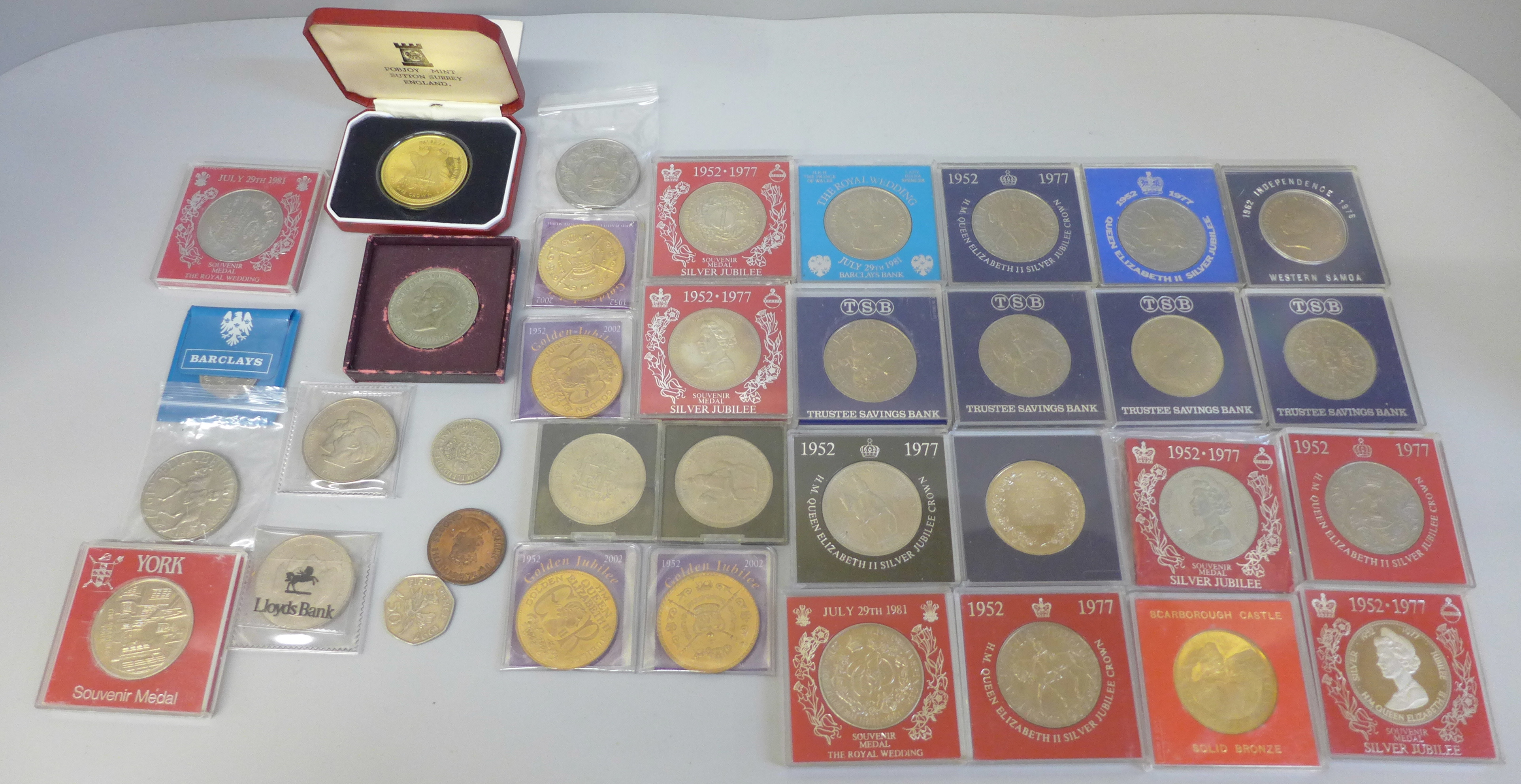 Thirty-six assorted commemorative crowns, some gold plated