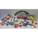 Scalextric slot racing cars including two boxed, and a Hornby Goodyear bridge
