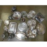 A box of mixed silver plate, three serving dishes, other dishes, bowls, etc. **PLEASE NOTE THIS