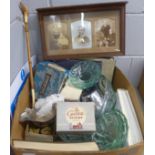 A box of assorted items, photographs, a glass fruit set, chrome tea ware, books, an oak frame with