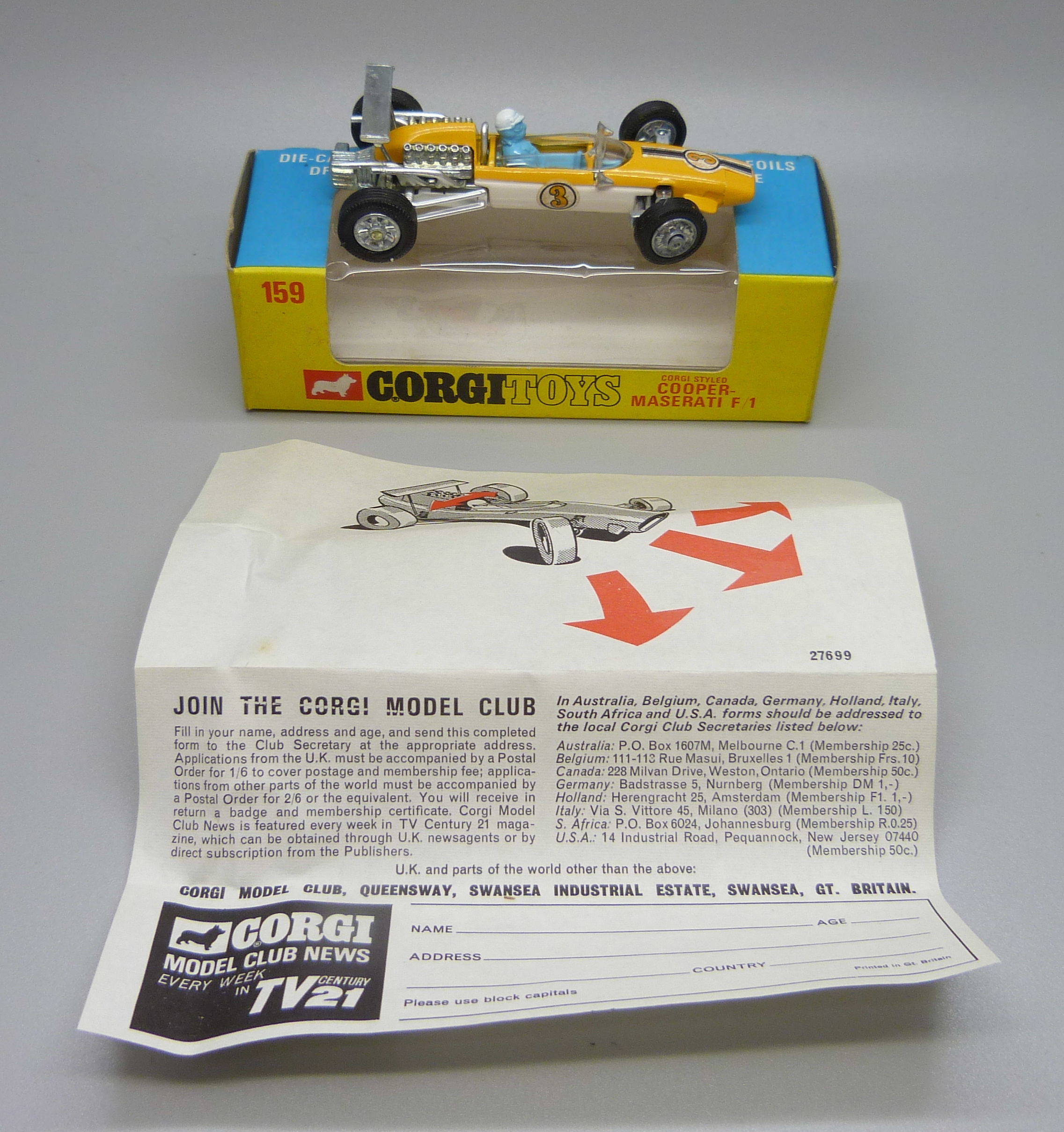 A Corgi Toys 159 Cooper-Maserati F/1, boxed, (old shop stock)