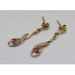 A pair of 9ct gold, ruby and diamond drop earrings, 1.9g