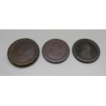 Two George III cartwheel pennies and a cartwheel two penny