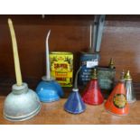 Eight vintage oil cans including Valvespout, PlusGas and a tin of Colman's Mustard tin with original