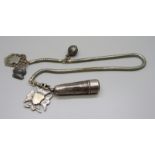 A silver cheroot holder, a silver fob medal, one other fob and a chain