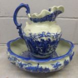 A blue and white wash jug and bowl **PLEASE NOTE THIS LOT IS NOT ELIGIBLE FOR POSTING AND PACKING**