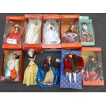 A collection of ten vintage Peggy Nisbet dolls including Henry VIII and Diana