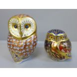 Two Royal Crown Derby paperweights, Barn Owl and Little Owl, both with gold stoppers, boxed