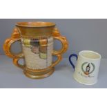 A Crown Ducal three handled vase and a Carlton ware In Loving Memory mug