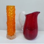 Two items of Whitefriars glass, a bark finger vase in tangerine, 14cm and a ruby jug