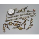 An .800 silver fob watch, a collection of watch keys, an Albert chain with T-bar, etc.