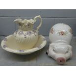 A floral wash jug and bowl and a large pig money bank **PLEASE NOTE THIS LOT IS NOT ELIGIBLE FOR