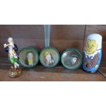 A Russian doll of Russian political figures, three miniature Mason's Ironstone character mugs and