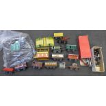 Hornby O gauge model rail, with tin-plate rolling stock and track, fish plates, keys, junction, etc.