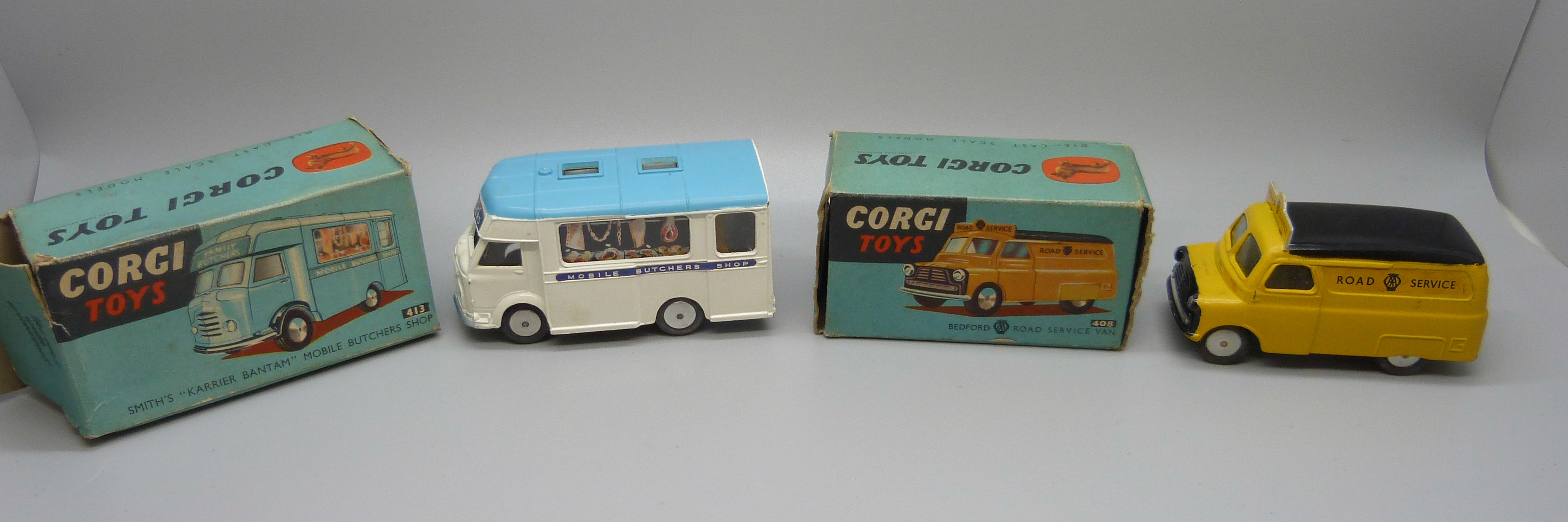 Two Corgi Toys, 408 Bedford Road Service Van and 413 Smith's Karrier Bantam Mobile Butchers Shop,