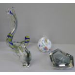 Four items of Murano style glass; a small grey cased swan, a large cockerel cased with yellow and
