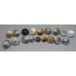 A collection of eighteen railway signalman uniform buttons, in a Player's Whiskey tobacco tin, (from