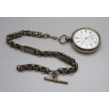 A silver pocket watch and a fancy link Albert chain, (dial a/f and glass loose)