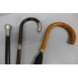 Two silver mounted walking sticks and an umbrella with gold plated mount