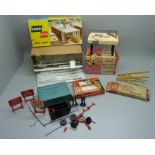 A Corgi Kits 611 Motel Chalet, two Tri-ang by Spot-On Doll's House Furniture, a Britain's petrol