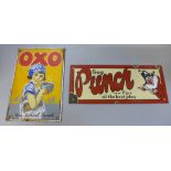 An Oxo enamel sign and a Buy Punch enamel sign
