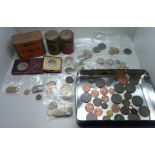 A Henry II short cross coin and a collection of other coins including cartwheel pennies and