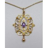 A 9ct gold, amethyst and pearl pendant and chain, 4.1g